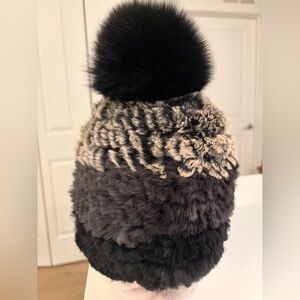 Knitted Real Rabbit Fur Beanie with Fox Pom
